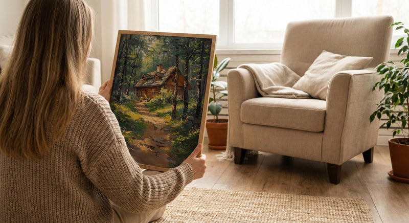 Wooden A Frame Cabin Poster, Lush Green Forest Decor - Warm Summer Sunlight View