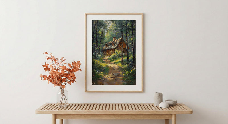 Wooden A Frame Cabin Poster, Lush Green Forest Decor - Warm Summer Sunlight View