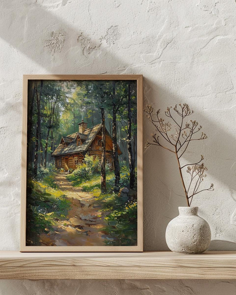 Wooden A Frame Cabin Poster, Lush Green Forest Decor - Warm Summer Sunlight View