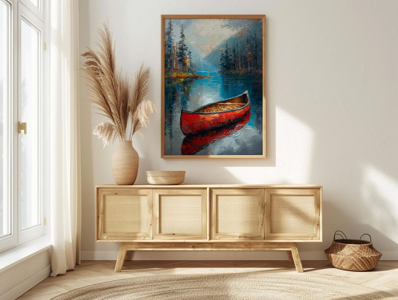 Red Canoe Lake Art Print, Calm Canadian Nature Decor - Mirror Water Summer Pine