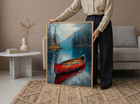 Red Canoe Lake Art Print, Calm Canadian Nature Decor - Mirror Water Summer Pine