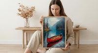 Red Canoe Lake Art Print, Calm Canadian Nature Decor - Mirror Water Summer Pine