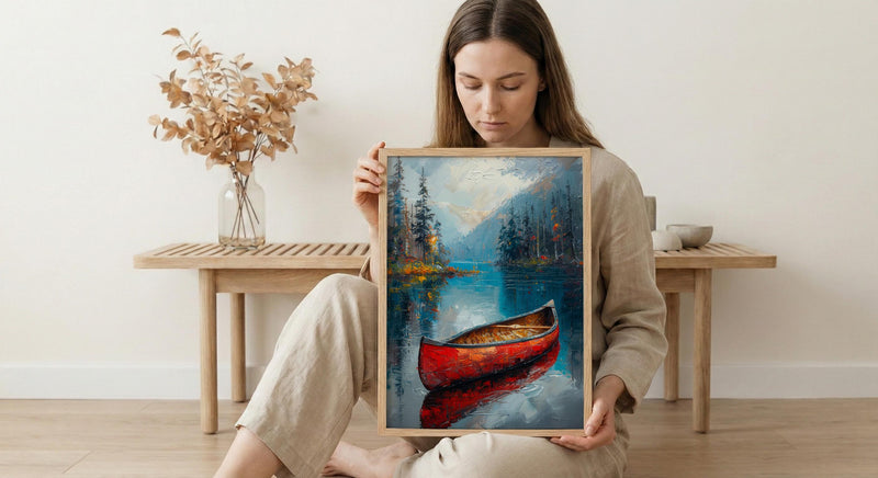 Red Canoe Lake Art Print, Calm Canadian Nature Decor - Mirror Water Summer Pine