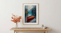 Red Canoe Lake Art Print, Calm Canadian Nature Decor - Mirror Water Summer Pine