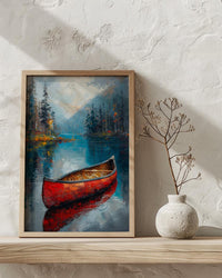 Red Canoe Lake Art Print, Calm Canadian Nature Decor - Mirror Water Summer Pine