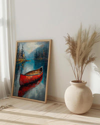 Red Canoe Lake Art Print, Calm Canadian Nature Decor - Mirror Water Summer Pine