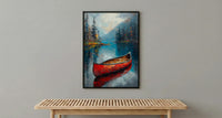 Red Canoe Lake Art Print, Calm Canadian Nature Decor - Mirror Water Summer Pine