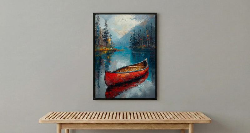 Red Canoe Lake Art Print, Calm Canadian Nature Decor - Mirror Water Summer Pine