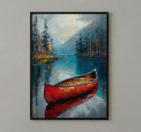 Red Canoe Lake Art Print, Calm Canadian Nature Decor - Mirror Water Summer Pine