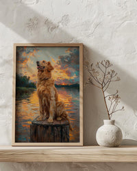 Golden Retriever Dock Wall Art, Lake House Rustic Decor - Bright Summer Sunrise Scene