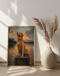 Golden Retriever Dock Wall Art, Lake House Rustic Decor - Bright Summer Sunrise Scene