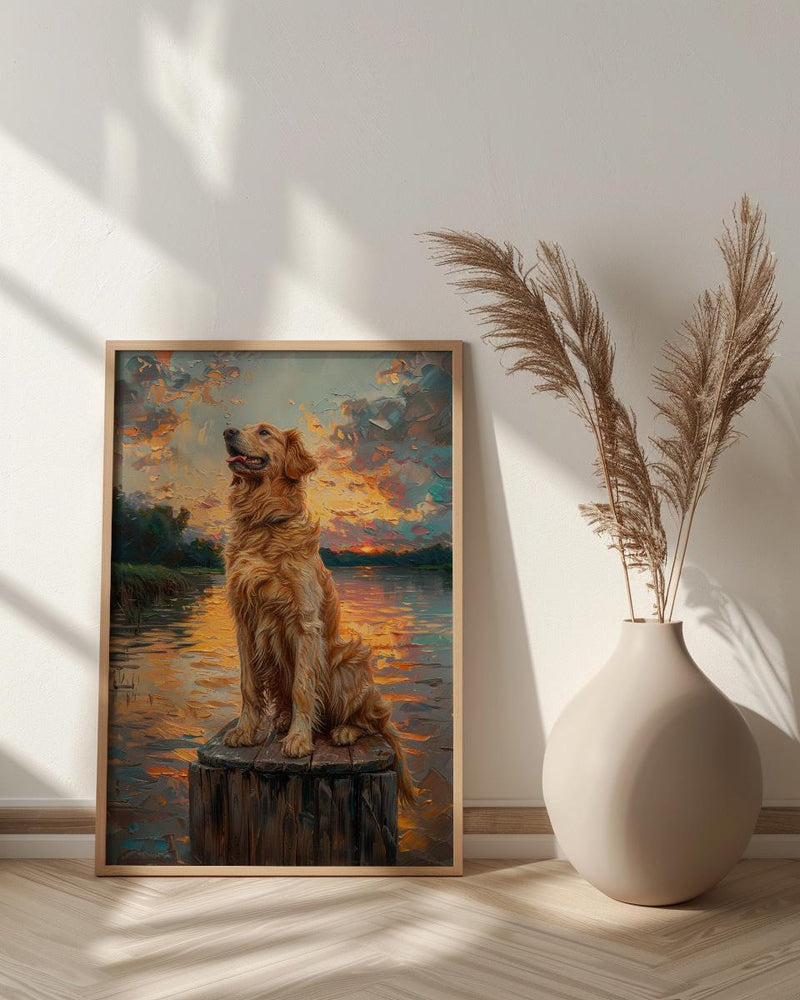 Golden Retriever Dock Wall Art, Lake House Rustic Decor - Bright Summer Sunrise Scene