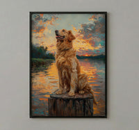 Golden Retriever Dock Wall Art, Lake House Rustic Decor - Bright Summer Sunrise Scene