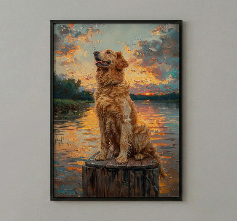 Golden Retriever Dock Wall Art, Lake House Rustic Decor - Bright Summer Sunrise Scene