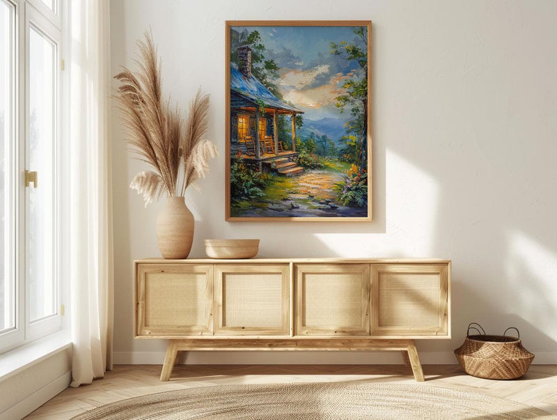 Cabin Porch Rocking Chair Poster, Cozy Wood House Decor - Green Fern Summer Forest