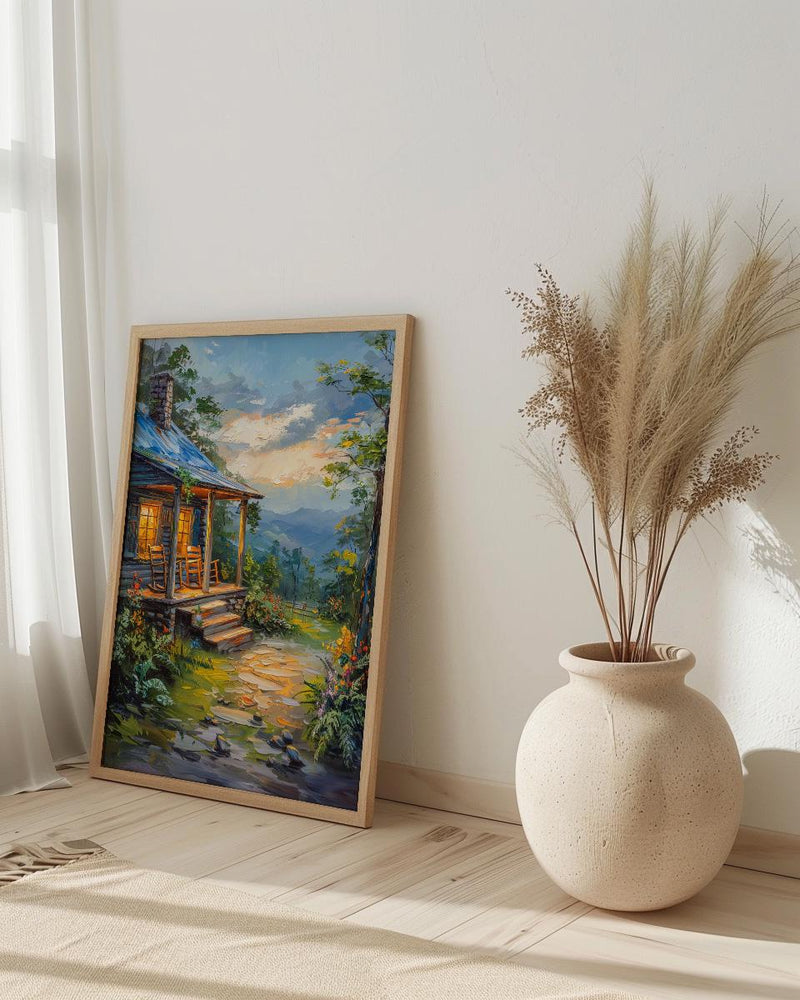 Cabin Porch Rocking Chair Poster, Cozy Wood House Decor - Green Fern Summer Forest