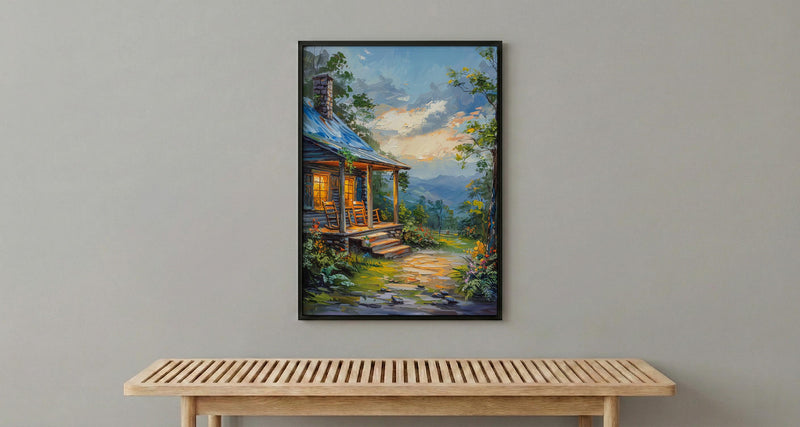 Cabin Porch Rocking Chair Poster, Cozy Wood House Decor - Green Fern Summer Forest