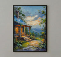 Cabin Porch Rocking Chair Poster, Cozy Wood House Decor - Green Fern Summer Forest