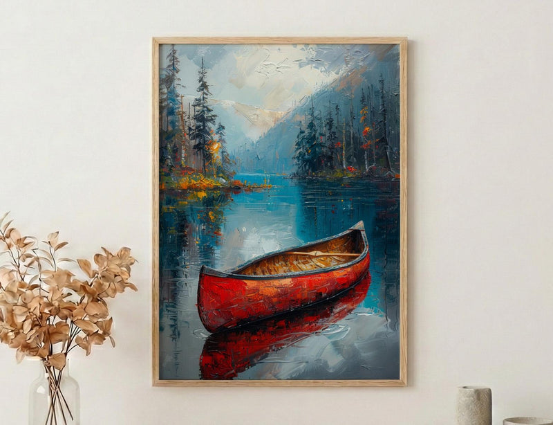 Red Canoe Lake Art Print, Calm Canadian Nature Decor - Mirror Water Summer Pine