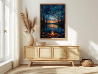 Lake Campfire Night Art Print, Cozy Outdoor Nature Decor - Glowing Orange Summer Star