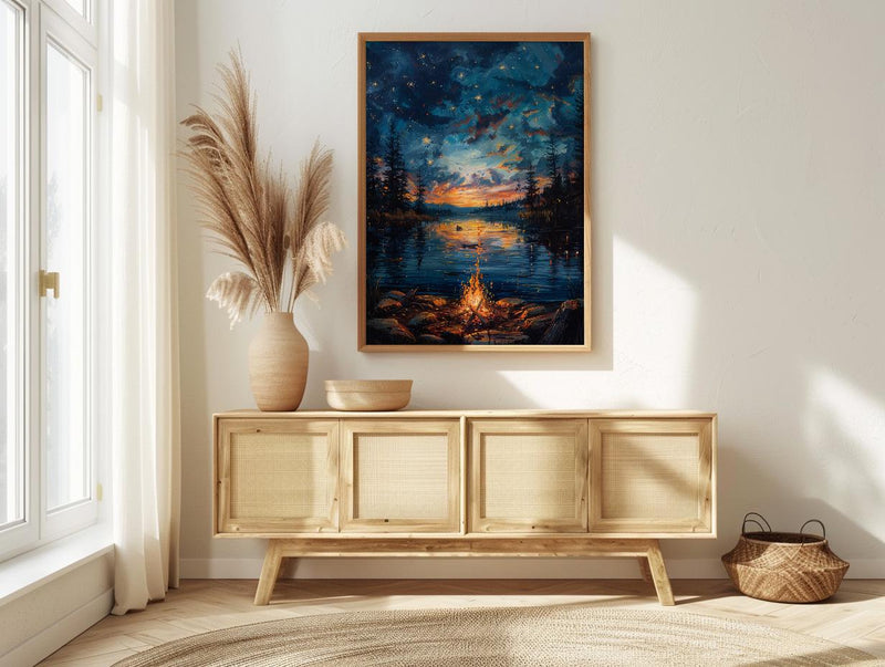 Lake Campfire Night Art Print, Cozy Outdoor Nature Decor - Glowing Orange Summer Star
