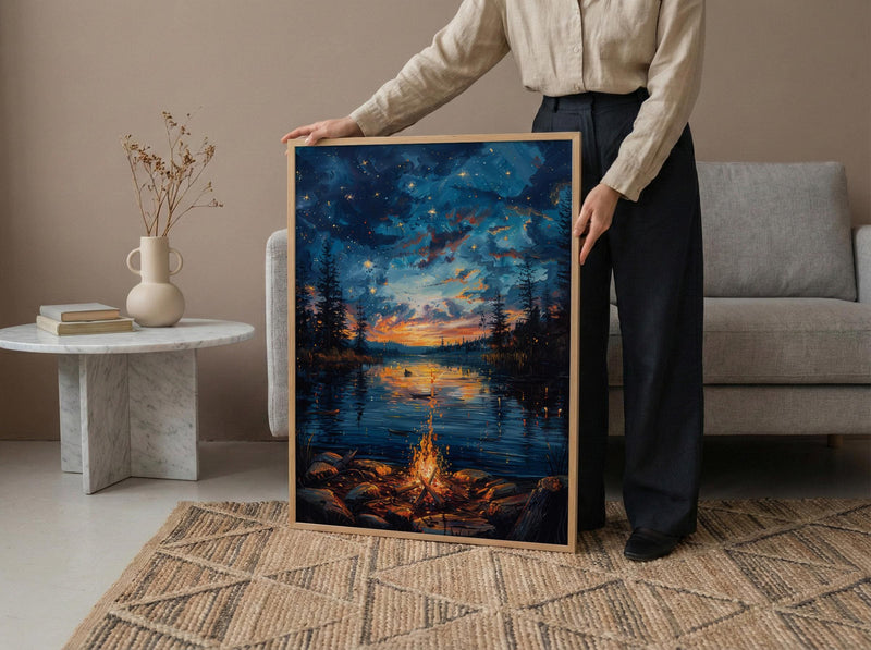Lake Campfire Night Art Print, Cozy Outdoor Nature Decor - Glowing Orange Summer Star