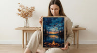 Lake Campfire Night Art Print, Cozy Outdoor Nature Decor - Glowing Orange Summer Star