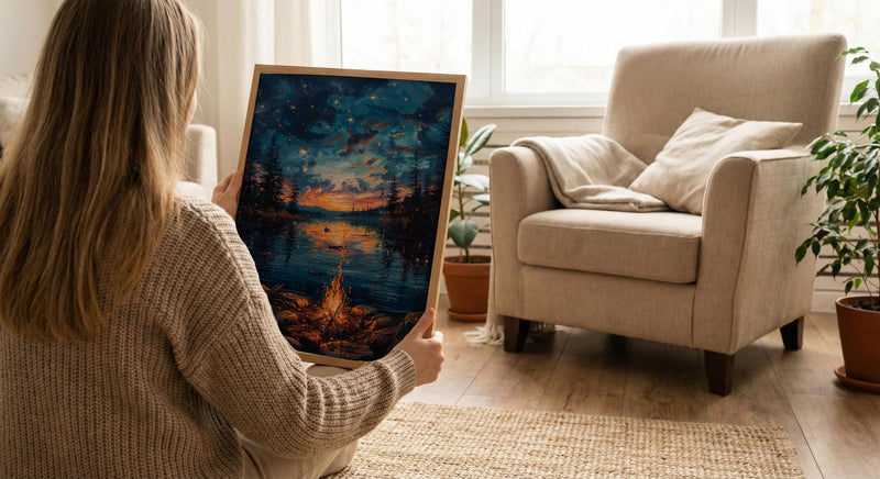 Lake Campfire Night Art Print, Cozy Outdoor Nature Decor - Glowing Orange Summer Star
