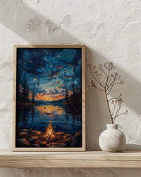 Lake Campfire Night Art Print, Cozy Outdoor Nature Decor - Glowing Orange Summer Star