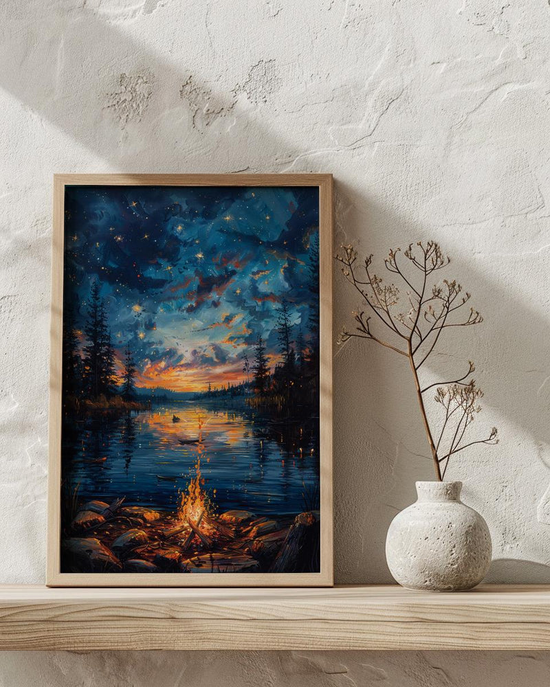 Lake Campfire Night Art Print, Cozy Outdoor Nature Decor - Glowing Orange Summer Star
