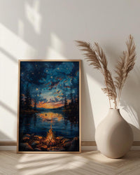 Lake Campfire Night Art Print, Cozy Outdoor Nature Decor - Glowing Orange Summer Star