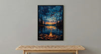 Lake Campfire Night Art Print, Cozy Outdoor Nature Decor - Glowing Orange Summer Star