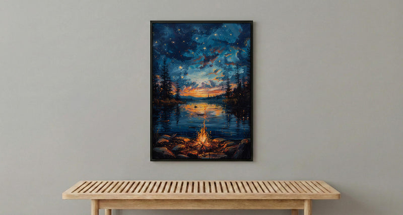 Lake Campfire Night Art Print, Cozy Outdoor Nature Decor - Glowing Orange Summer Star