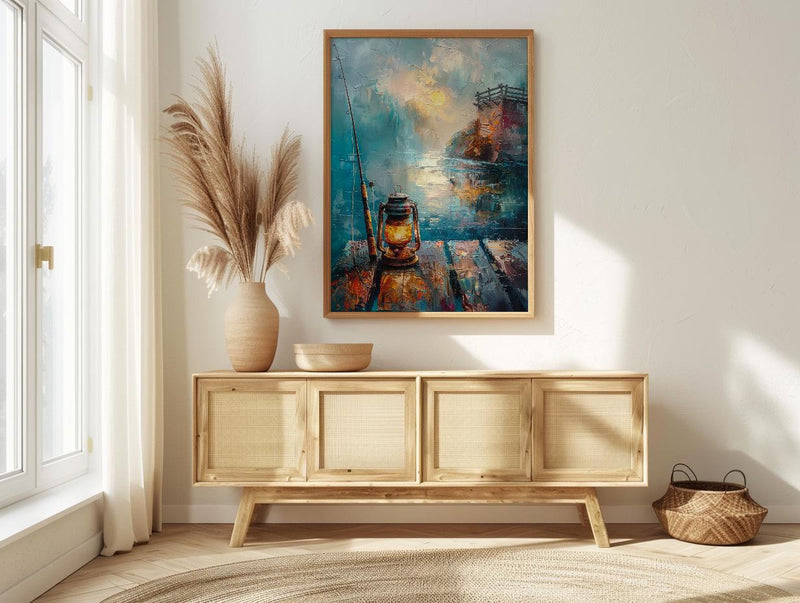 Vintage Lantern Fishing Wall Art, Rustic Lake Pier Decor - Bright Summer Morning Mist