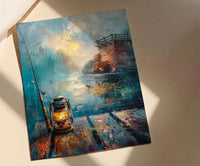 Vintage Lantern Fishing Wall Art, Rustic Lake Pier Decor - Bright Summer Morning Mist