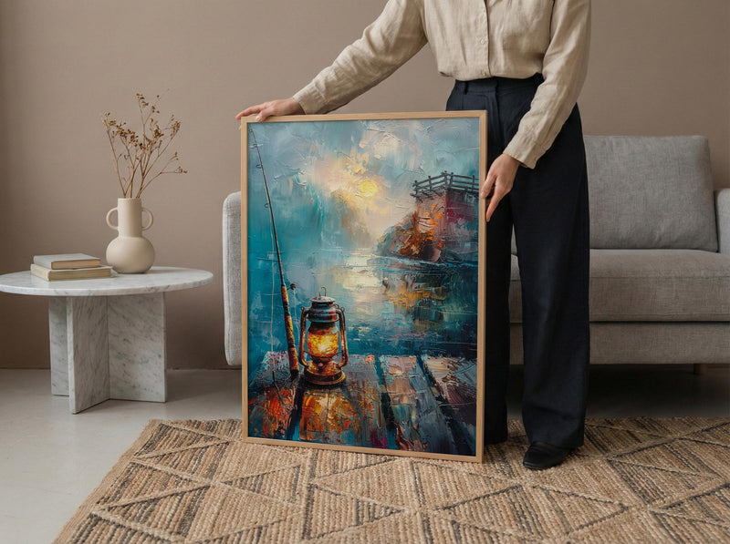 Vintage Lantern Fishing Wall Art, Rustic Lake Pier Decor - Bright Summer Morning Mist