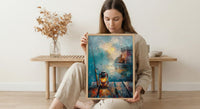 Vintage Lantern Fishing Wall Art, Rustic Lake Pier Decor - Bright Summer Morning Mist