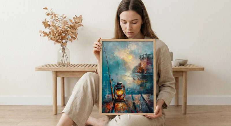 Vintage Lantern Fishing Wall Art, Rustic Lake Pier Decor - Bright Summer Morning Mist