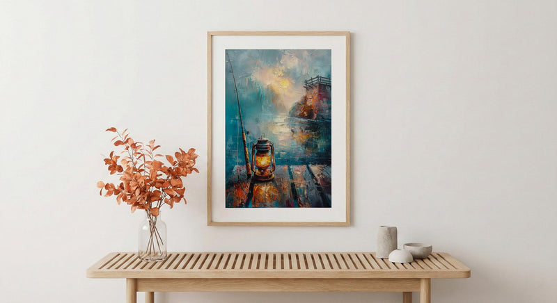 Vintage Lantern Fishing Wall Art, Rustic Lake Pier Decor - Bright Summer Morning Mist