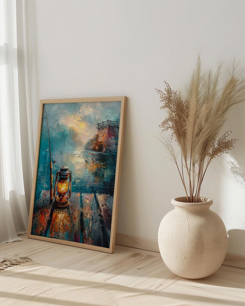 Vintage Lantern Fishing Wall Art, Rustic Lake Pier Decor - Bright Summer Morning Mist