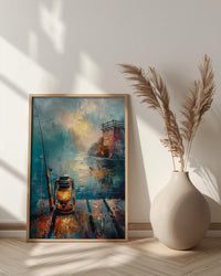 Vintage Lantern Fishing Wall Art, Rustic Lake Pier Decor - Bright Summer Morning Mist