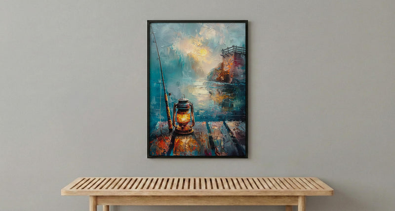 Vintage Lantern Fishing Wall Art, Rustic Lake Pier Decor - Bright Summer Morning Mist