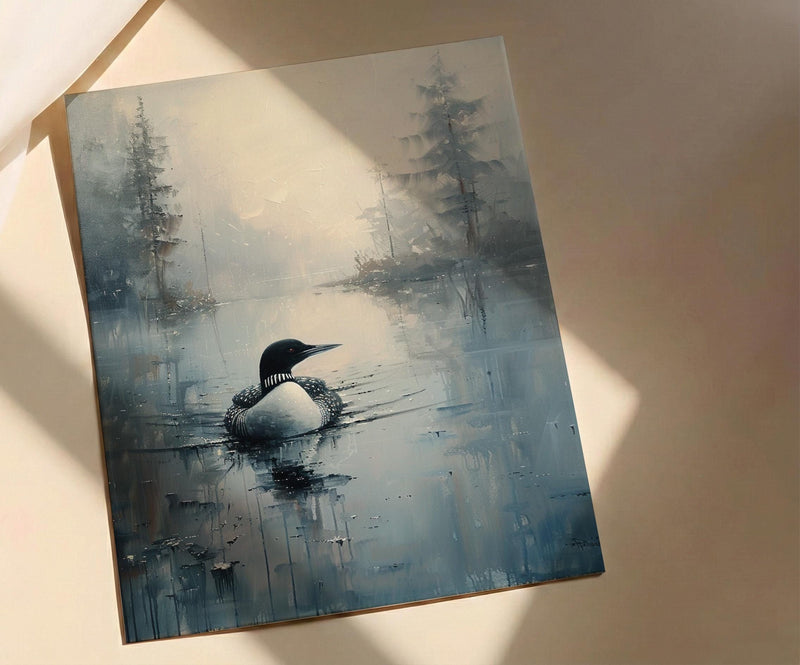 Loon Bird Misty Lake Poster, Calm Canadian Wildlife Decor - Deep Blue Summer Water