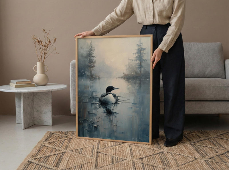Loon Bird Misty Lake Poster, Calm Canadian Wildlife Decor - Deep Blue Summer Water