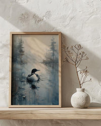 Loon Bird Misty Lake Poster, Calm Canadian Wildlife Decor - Deep Blue Summer Water
