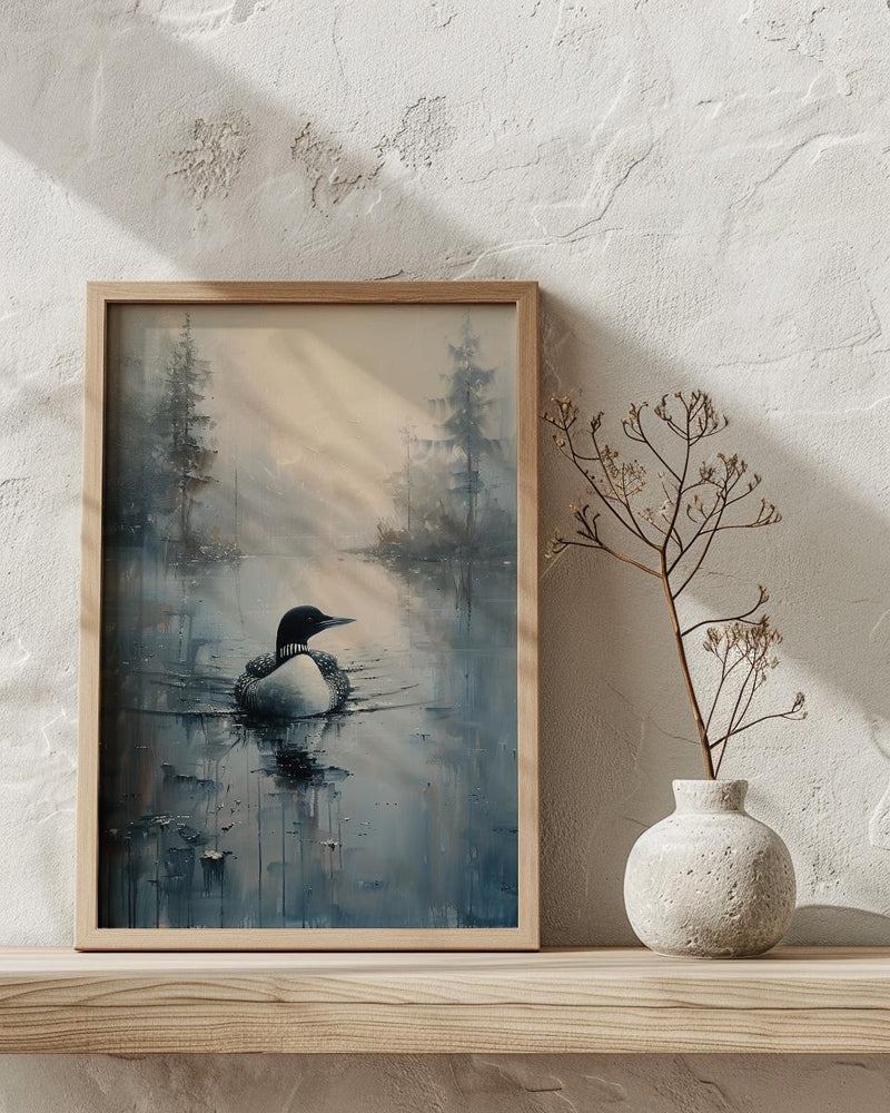 Loon Bird Misty Lake Poster, Calm Canadian Wildlife Decor - Deep Blue Summer Water