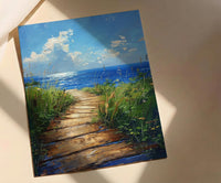 Wooden Boardwalk Lake Art Print, Green Summer Grass Decor - Hidden Blue Water View