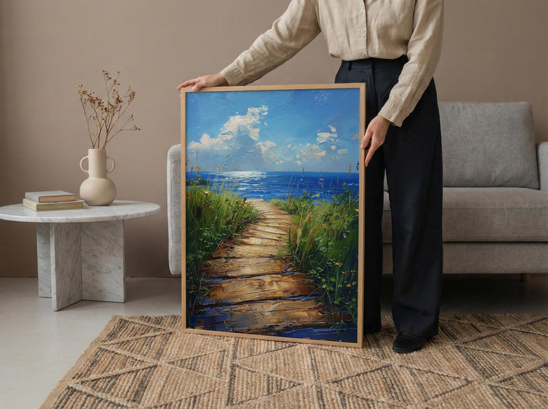 Wooden Boardwalk Lake Art Print, Green Summer Grass Decor - Hidden Blue Water View