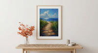 Wooden Boardwalk Lake Art Print, Green Summer Grass Decor - Hidden Blue Water View