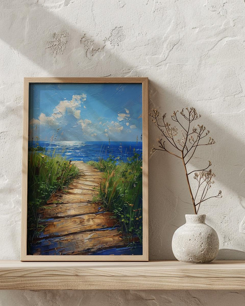 Wooden Boardwalk Lake Art Print, Green Summer Grass Decor - Hidden Blue Water View
